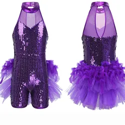 Kid Girls Sequins Jazz Latin Ballet Dance Costume Rhinestone Gymnastics Professional Modern Ballet Tutu Dress Leotard Dance Wear