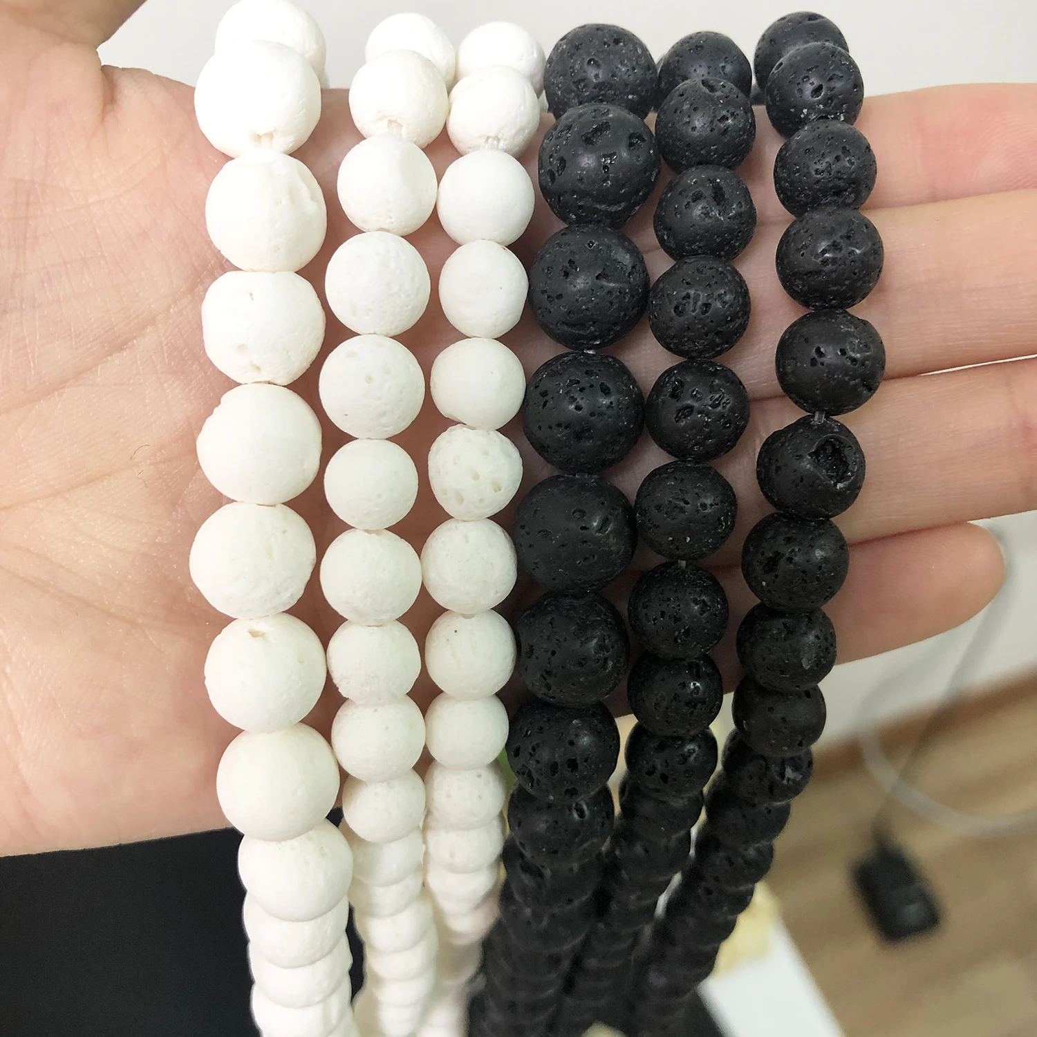 Natural Black White Volcanic Lava Stone Spacer Rock Round Loose Beads For Jewelry making DIY Bracelet Wholesale 15\'\' 4 6 8 10mm