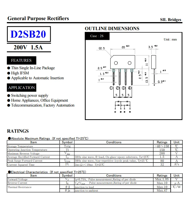 Nuevo 1,5 a/2A D2SB05 D2SB10 D2SB20 D2SB40 D2SB60 D2SB80 50V 100V 200V 400V 600V 800V pila de puente rectificador SIP-4