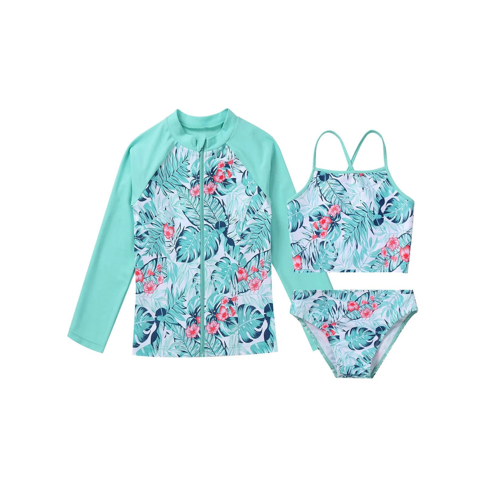 Summer 3Pcs Girls Children Swimsuit Straps Sleeveless Crop Tops With Briefs and Long Sleeves Front Zipper Closure Coat Swimwear