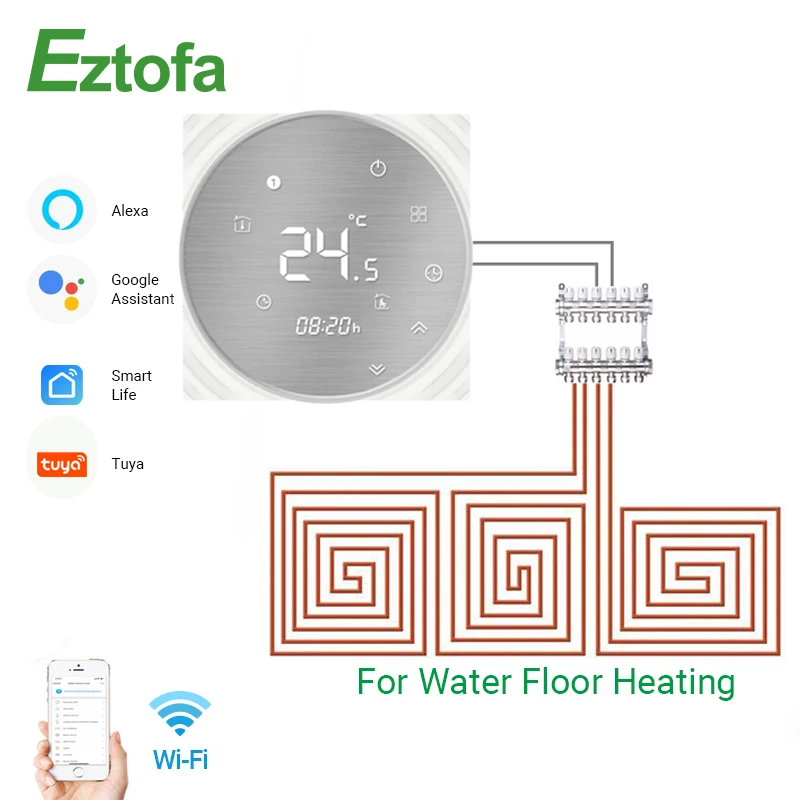 

Wifi Smart Thermostat Water Floor Heating Metal Brushed Panel Smart Life/Tuya APP Remote Control Works with Alexa Google Home