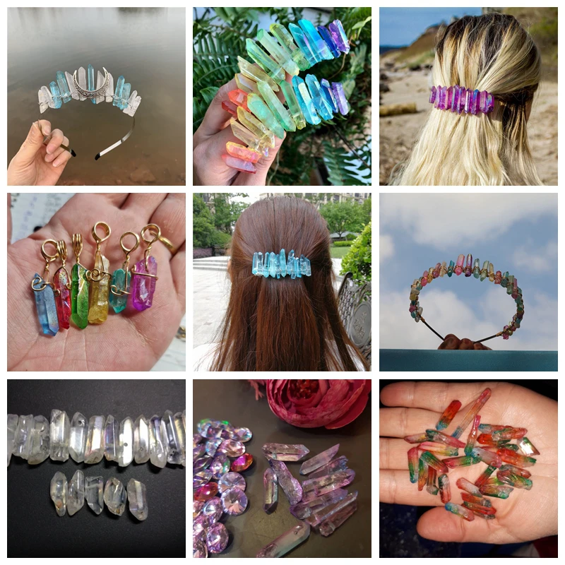 Top Drilled Blue Titanium AB Color Quartz Crystal Stick Beads Raw Crystals Loose Beads Spike Point Necklace Beads Jewelry Making