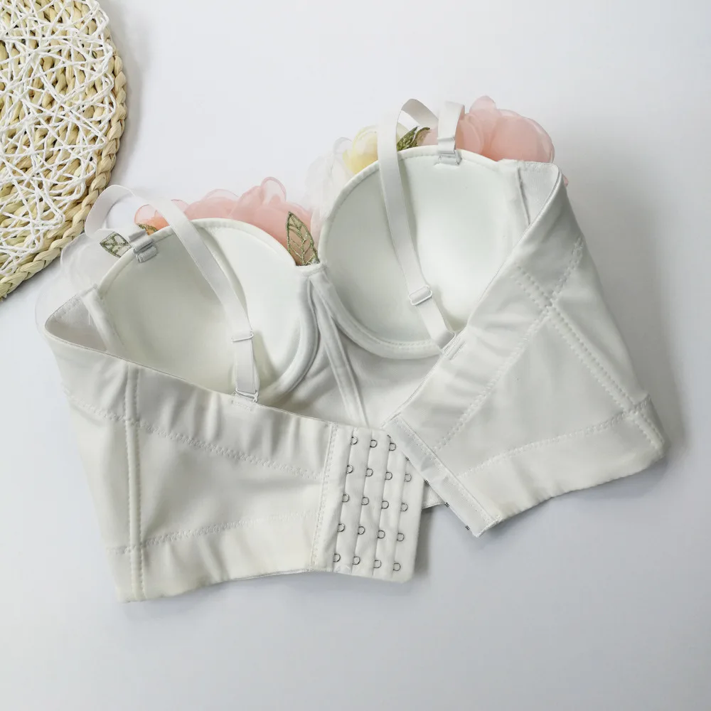 Cupnaya fleur Appliques femmes blanc Spandex haut court Sexy Push Up Bustier Corset Camisole gilet danse réservoirs taille réglable