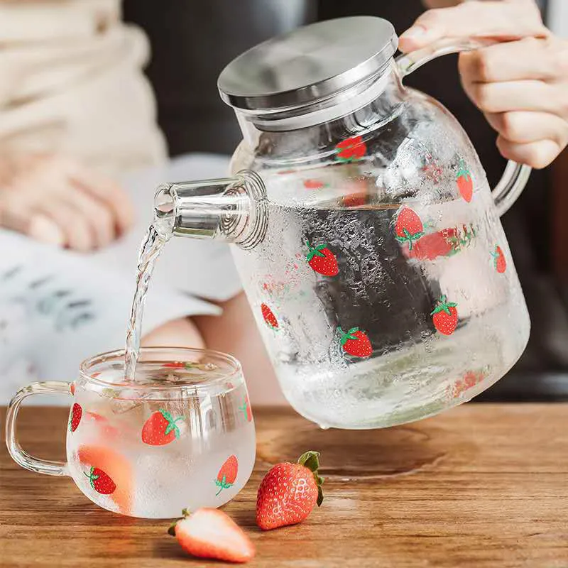 1.8L 1L Japanese style Cute Strawberry Tea pots Glass Jug for cold and hot Drinks Home Office Drinkware Tea Cup Teapot set