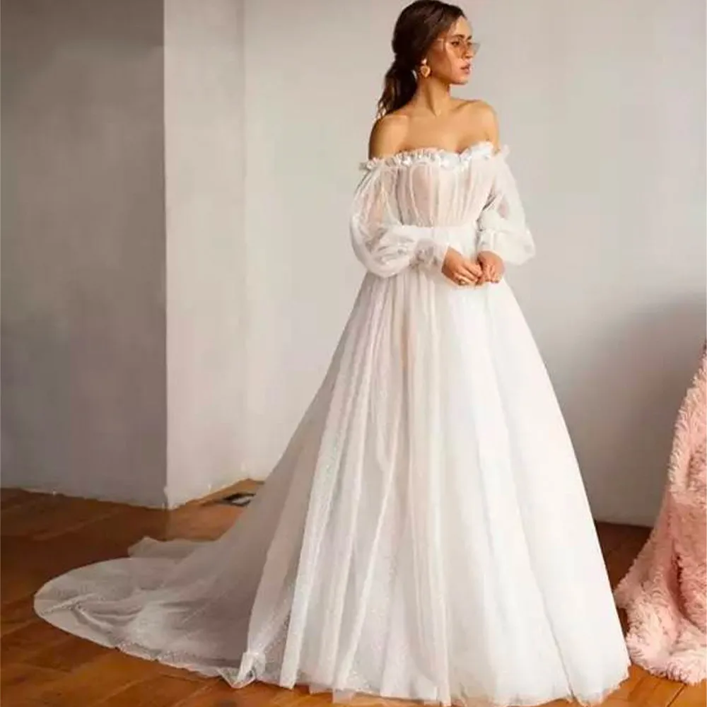 

Simple Plain Ivory Dot Tulle Wedding Dresses 2022 Off the Shoulder Long Sleeves Bride Dress Count train Bridal Gown Marriage