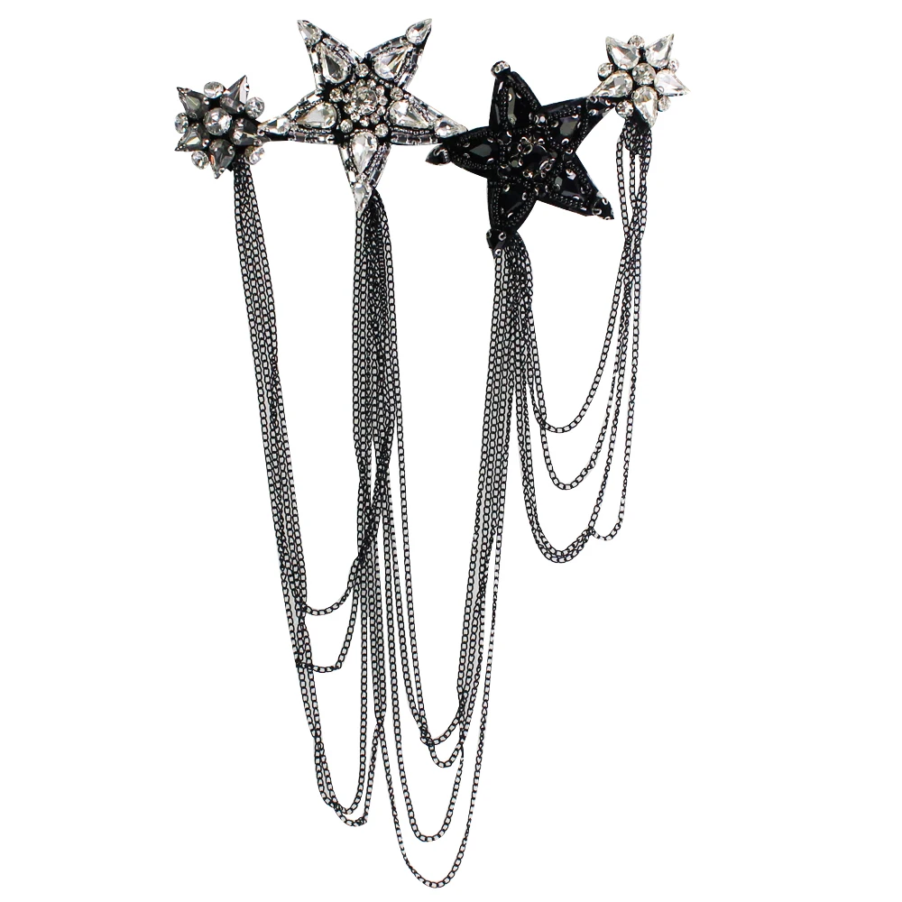 Beautiful Rhinestone Pentagram Extra Long Handmade Fashion Shoulder Board Badges Cloth Metal Epaulette Has a brooch buckle