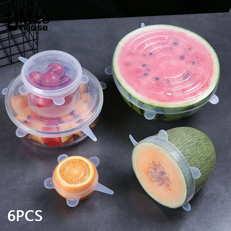 6PCS Silicone Stretch Lids Bowl Cup Round Square Universal Cover Reusable Microwave Kitchen Fridge Food Container Seal Organizer