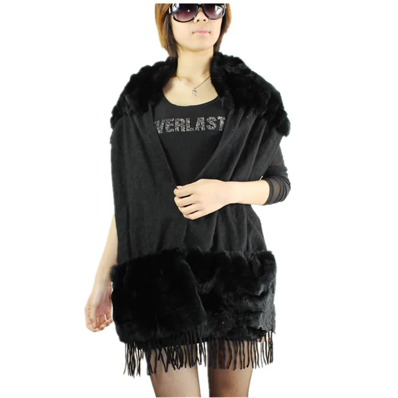 

cashmere scarf High quality wrap with tassel .autumn winter warm fashion black women's natural rex rabbit fur black thick F125