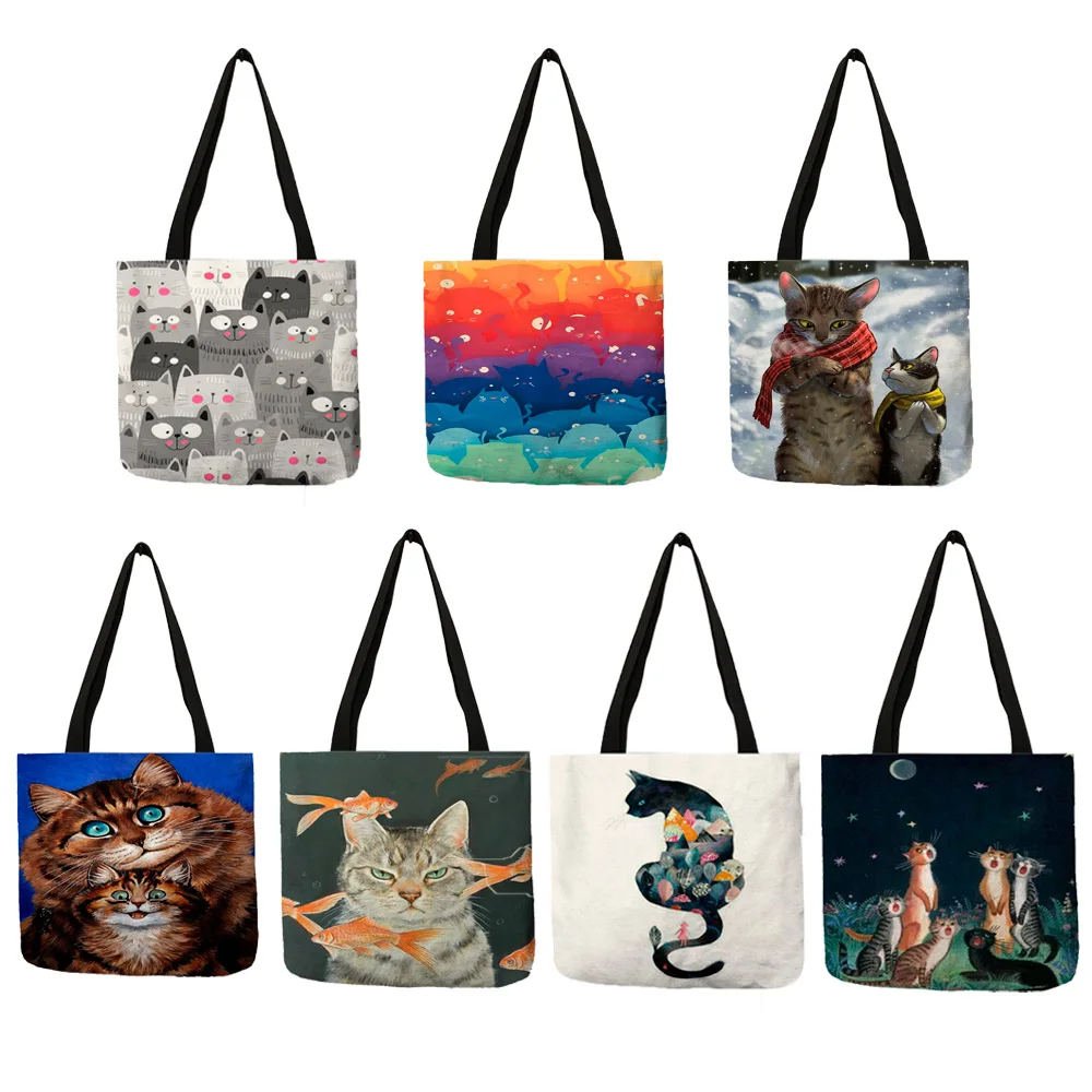 Custom Creative Cat Oil Painting Print Tote Bag For Women Lady Casual Handbags Shoulder For Traveling School Shopping Bags