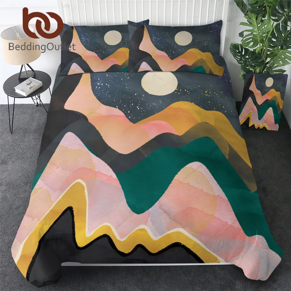 

BeddingOutlet Abstract Art Bedding Set Watercolor Mountains Duvet Cover Colorful Bedspreads Night Sky and Moon Bed Set Drop Ship