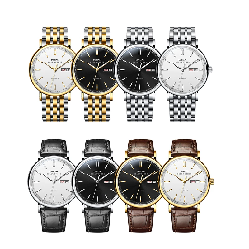 LOBINNI мужские деловые автоматические часы с кожаным ремешком, аналоговый дисплей, механические часы, дата, неделя, часы с сапфировым стеклом