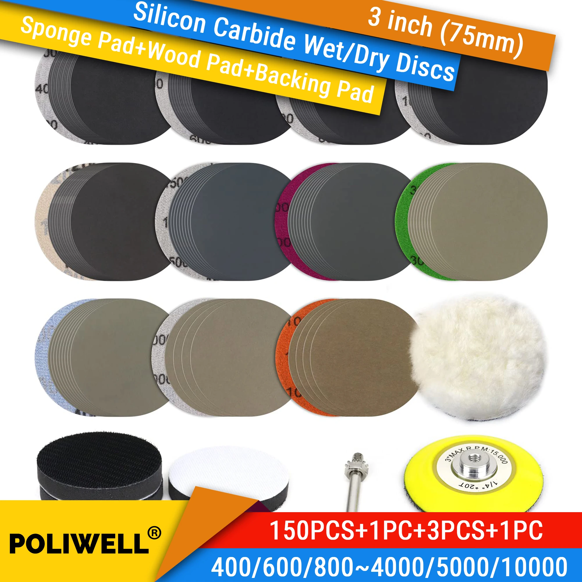 

150 PCS 3 inch Sanding Discs Grits Assorted Wet/Dry Hook & Loop Sandpaper with 1/4 inch Backing Pad Wool Pad Soft Buffering Pad