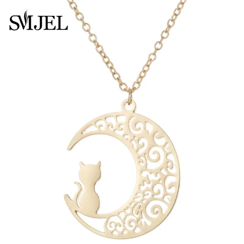 SMJEL Hollow Stainless Steel Cat on the Moon Pendants Necklaces for Women Fashion Jewelry ketting Animal Kitty Choker kolye