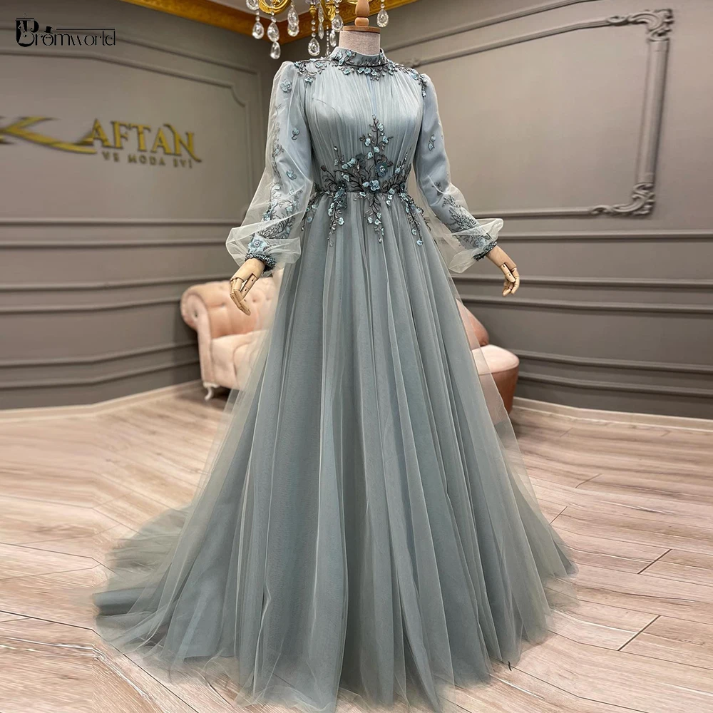 Elegant Muslim Long Sleeve Formal Evening Dress Tulle A-Line Flowers vestidos de festa longo High Collar Blue Prom Dresses