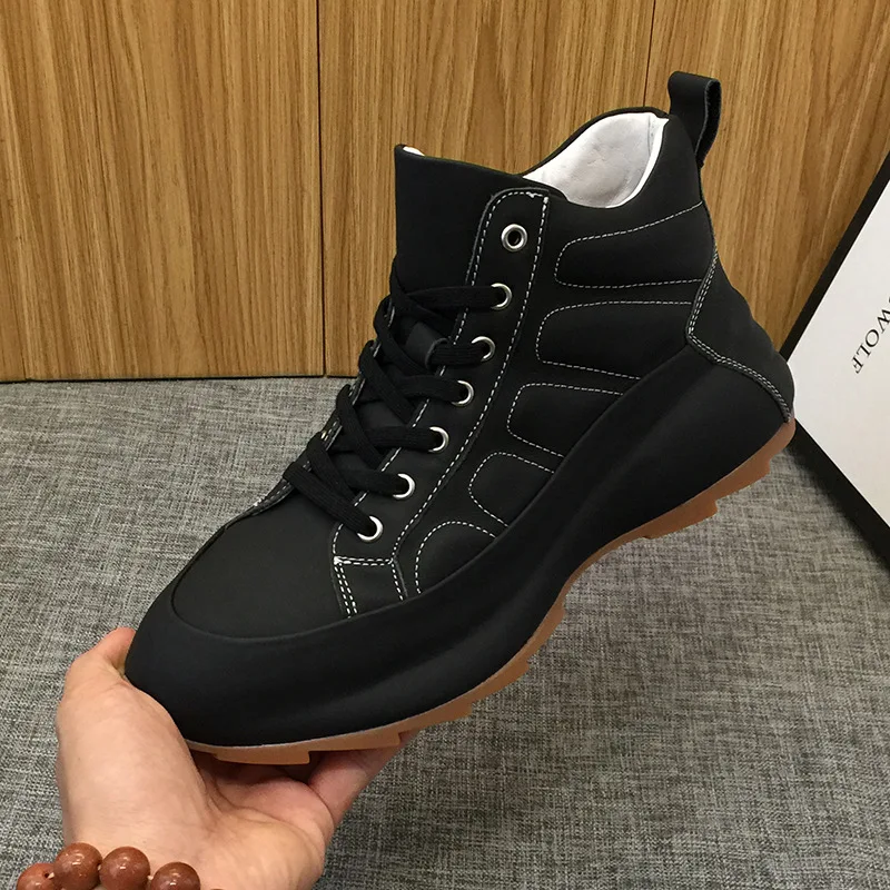 Outdoor High-Top Sneakers Men Round Toe Genuine Leather Platform White Shoes Height Increasing Casual Work Ankle Boots 38-44