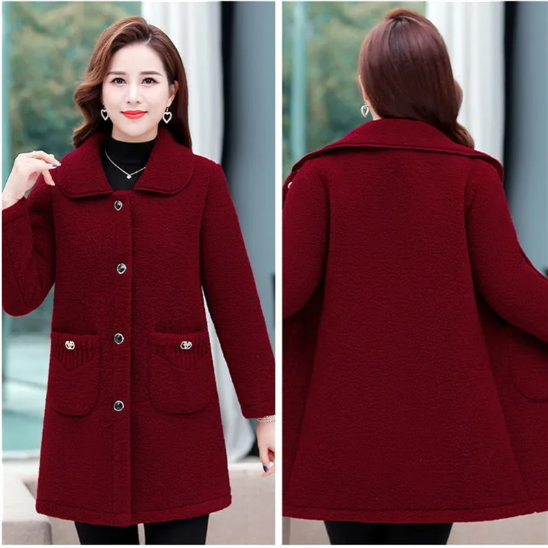 Middle-aged Mothers Faux lamb Wool Coat 2023 Autumn Winter Loose Long-sleeve Outerwear Solid Female Jacket Parkas Casual Tops