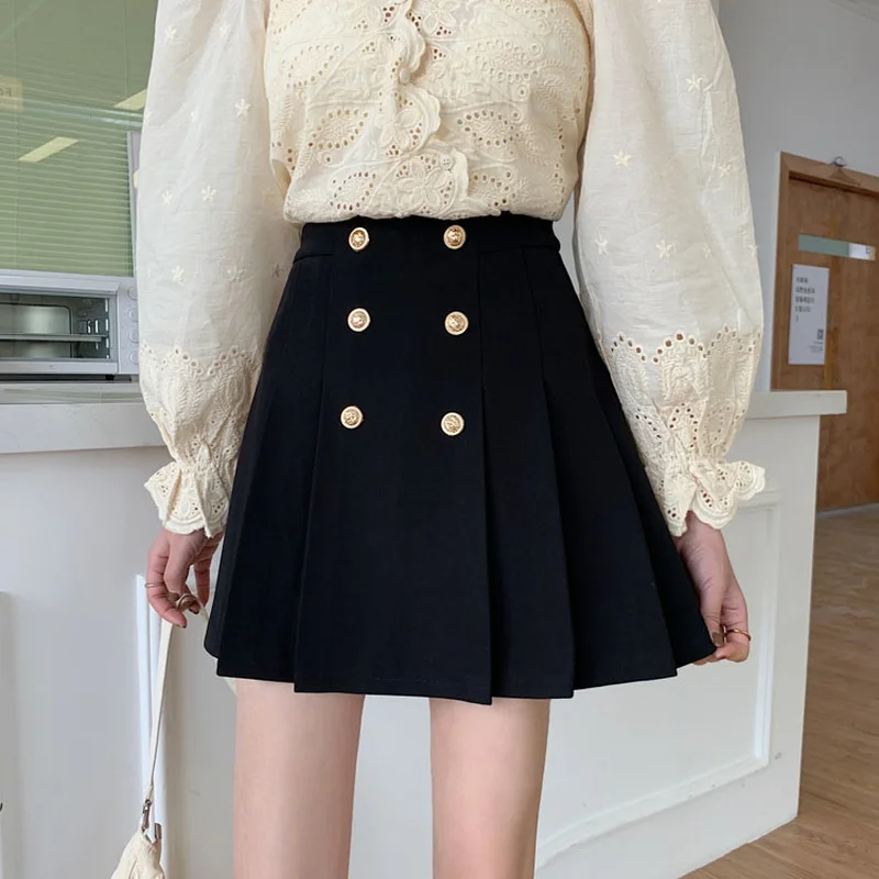 Pleated Skirts Women Mini Solid Preppy Simple All-match Button Casual High Waist Trendy Korean Style New Arrival Vintage Cozy