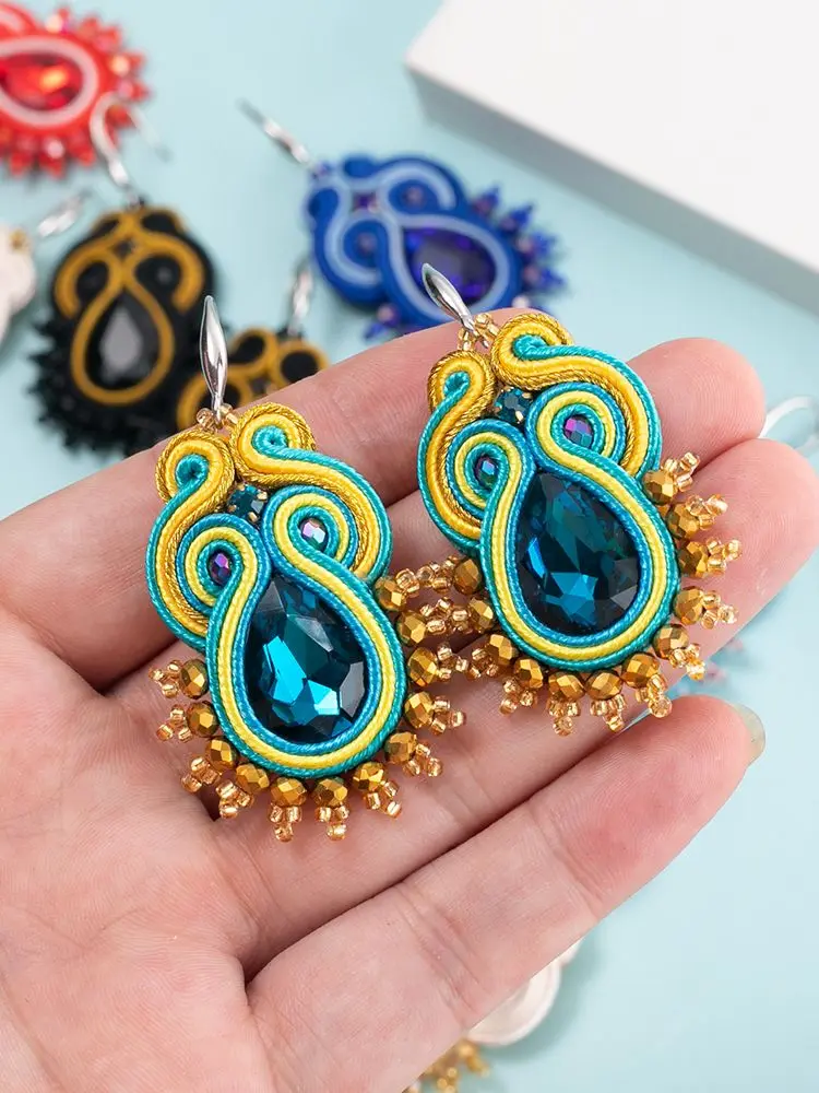 Fashion Handmade jewelry Soutache earrings for women Ethnic boho Hook Dangle earring Colorful Crystal earring Pretty New trend