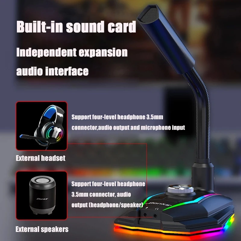 Usb som microfone rgb computador com alto-falante fone de ouvido jack unidade livre redução ruído 360 °   Gire o receptor HD