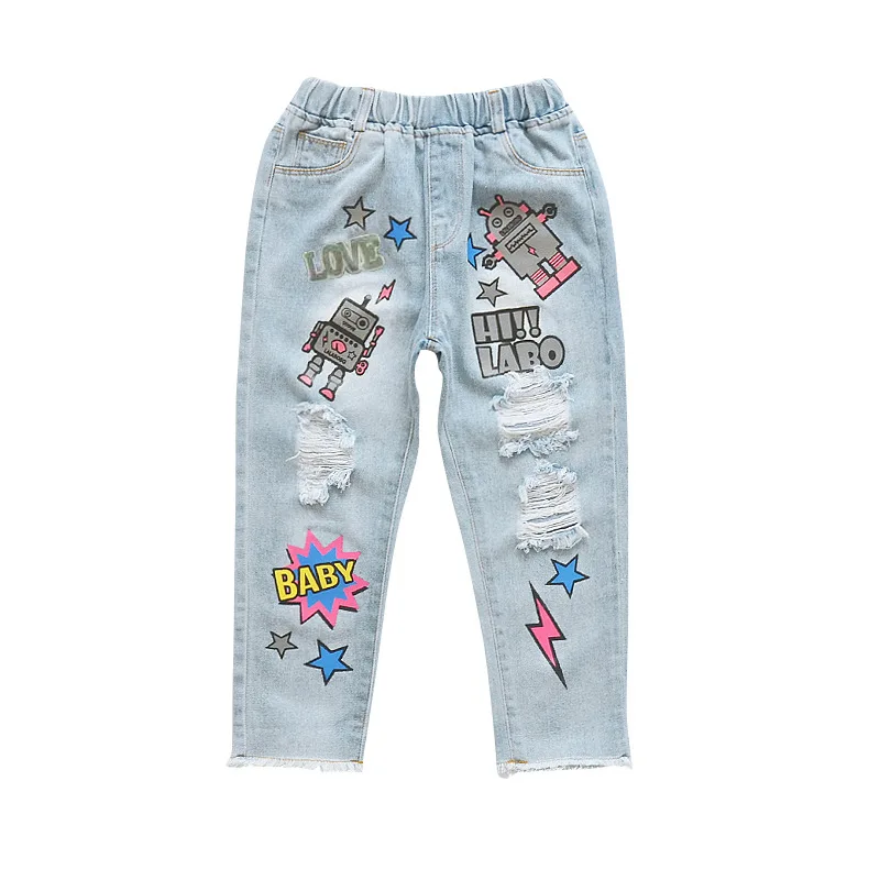 Children Girls Ripped Jeans Pants Fashion Kids Long Cartoon Hole Baggy Trousers Toddler Girl Casual Straight Denim School Pants