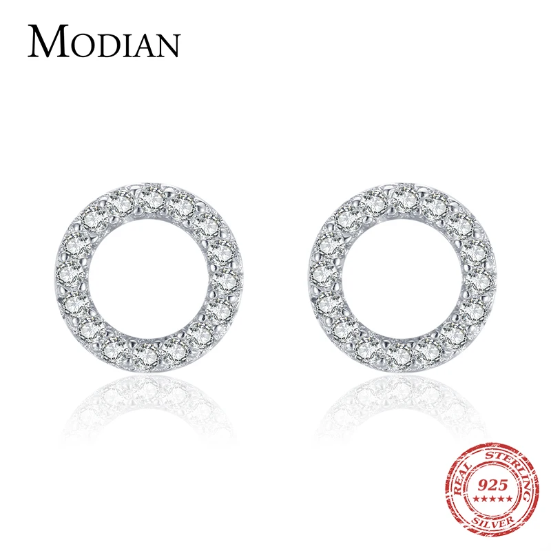 Modian Real 925 Sterling Silver Simple Round Stud Earrings for Women Shining CZ Geometric Hypoallergenic Jewelry Gifts for Kids