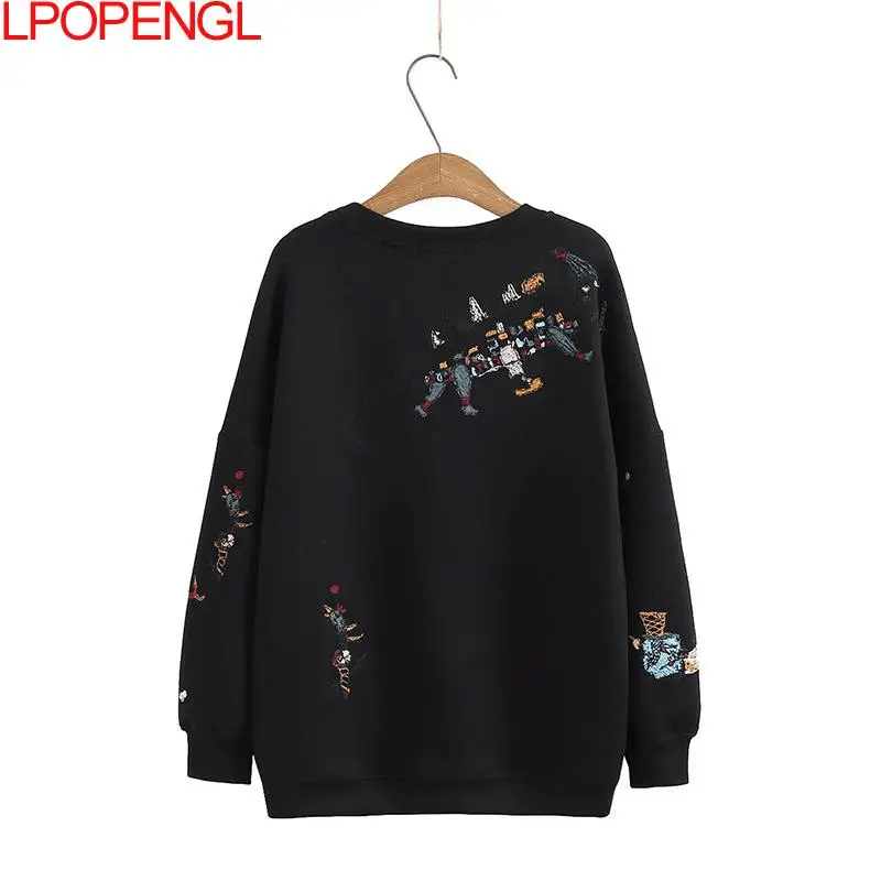 Harajuku Sweatshirt Frauen 2021 Plus Größe Herbst Neue Mode Casual Stich-bestickt Lange ärmeln O-Hals Atmungsaktiv hoodie Top