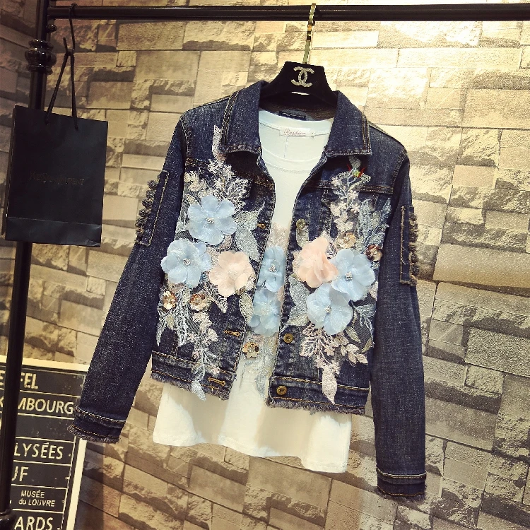 

Nice Spring Fall Women Korean Fashion Denim Coat Hole Embroidery Blue Flower Long Sleeve Slim Jeans Jacket Street