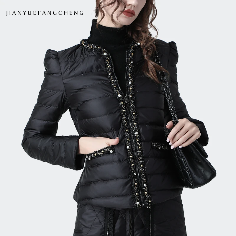 Luxury Diamond-studded Women Winter Down Jacket Warm Lightly Short Black Coat Top Female Fashion Outwear Slim Duck Down Jackets