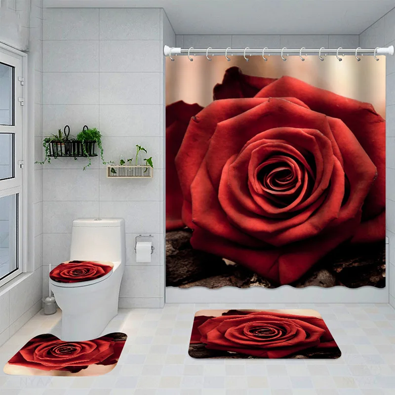 Red Rose shower curtain waterproof home bathroom shower curtain and rug sets anti-skid pad gothic decor shower curtain floral