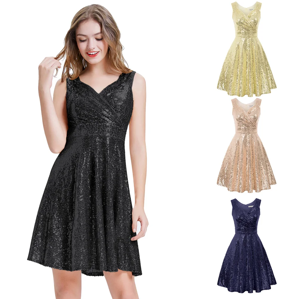 Grace Karin Women's Dresses Sparkling Sequins Sequined Dress Sleeveless V-Neck Flared A-Line Dresses Summer Clothing New Elegant