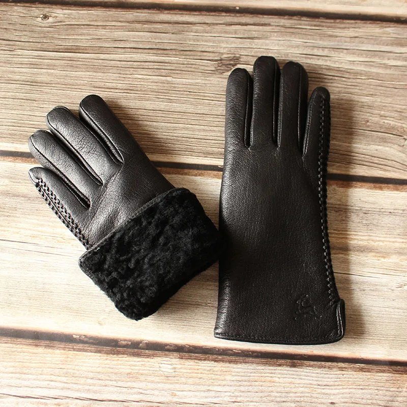 Winter Cold-Proof Warm Deerskin Gloves Women\'s Thickened Sheepskin Fur Sheep Sheared Lining Windproof Leather Finger Gloves