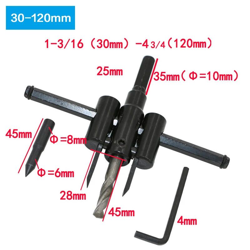 30-120/200/300mm Alloy Steel Circle Hole Saw Drill Bit Adjustable Aircraft Type Cordless Wood Cutter Tool Kit for Woodworking