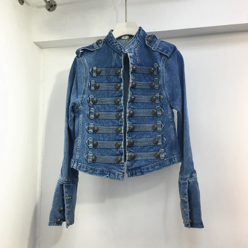 Retro military style handsome stand collar denim jackets female double-breasted old wild slim short denim jackets outerwear F368