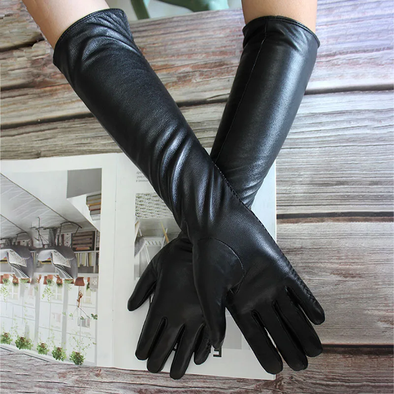 50cm Long Sheepskin Leather Gloves Women\'s Thin Velvet Lining Autumn and Winter Warm Black Finger Gloves Free Shipping