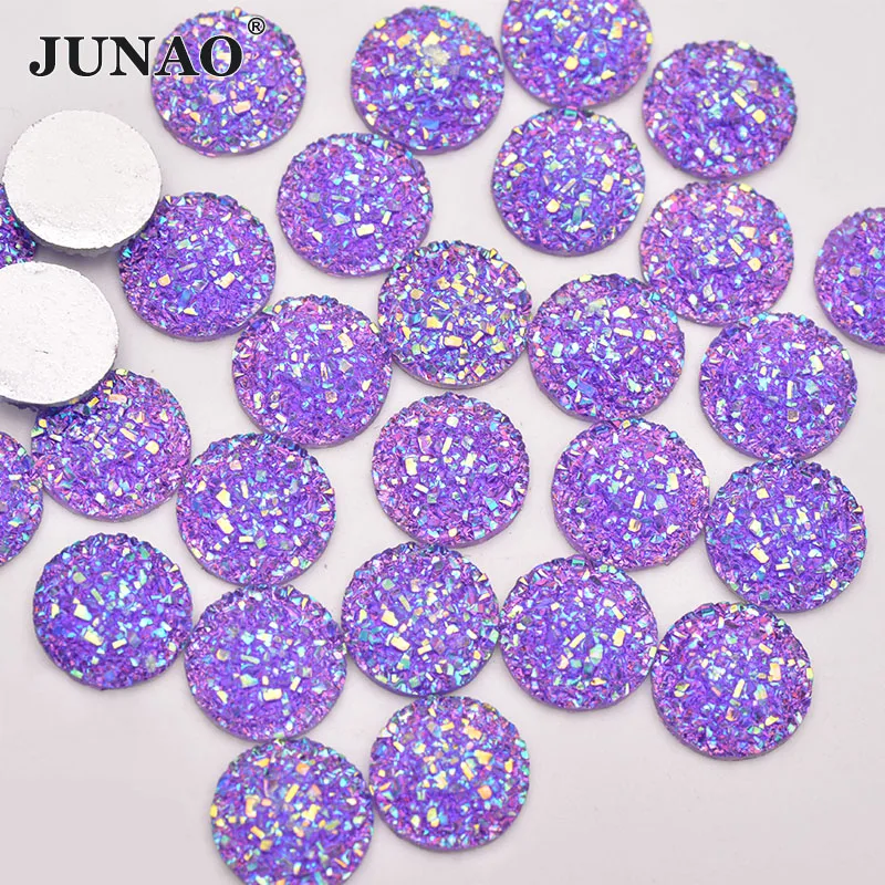 JUNAO 50Pcs 12mm Shiny Purple AB Crystal Rhinestones Round Resin Stones Applique Non Hotfix Diamond Flatback Crystal For Crafts