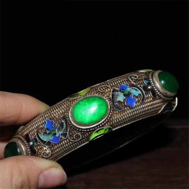 Collection Cloisonne Exquisite Jadeite Bracelet Tibetan Silver Bracelet Auspicious Jewelry Gift Fengshui Decoration