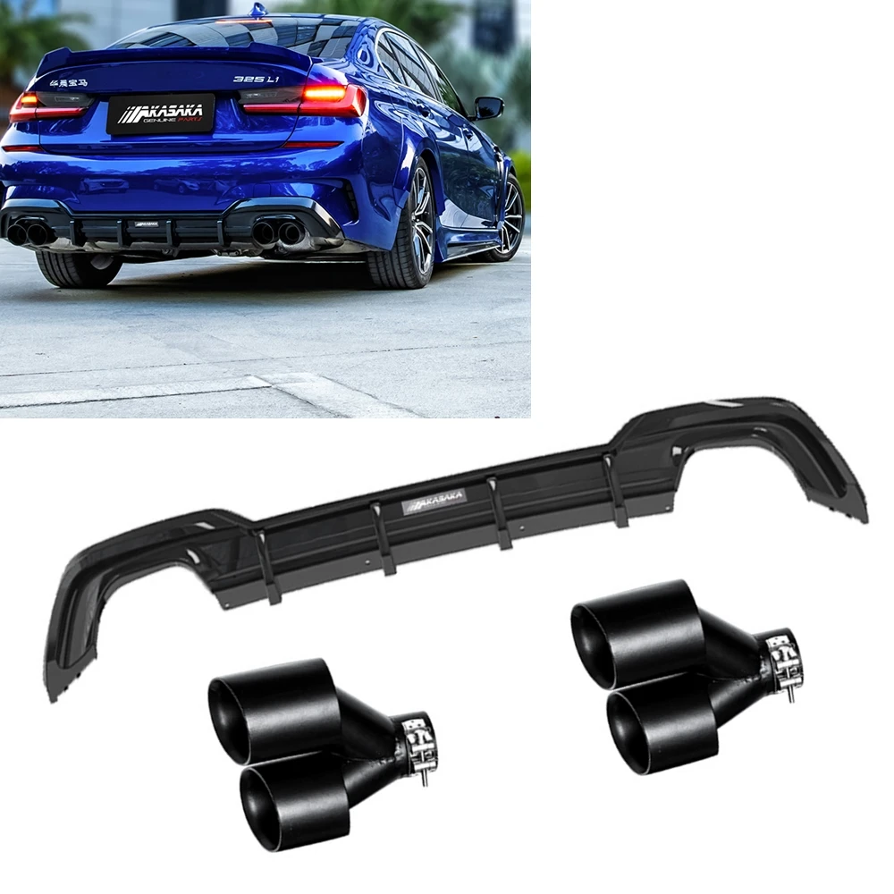 AKASAKA Car Rear Bumper Diffuser Spoiler Lip+Muffler Tip Exhaust Pipe Kit For BMW New 3 Series G20 325i 325LI M Sport 2019-2020