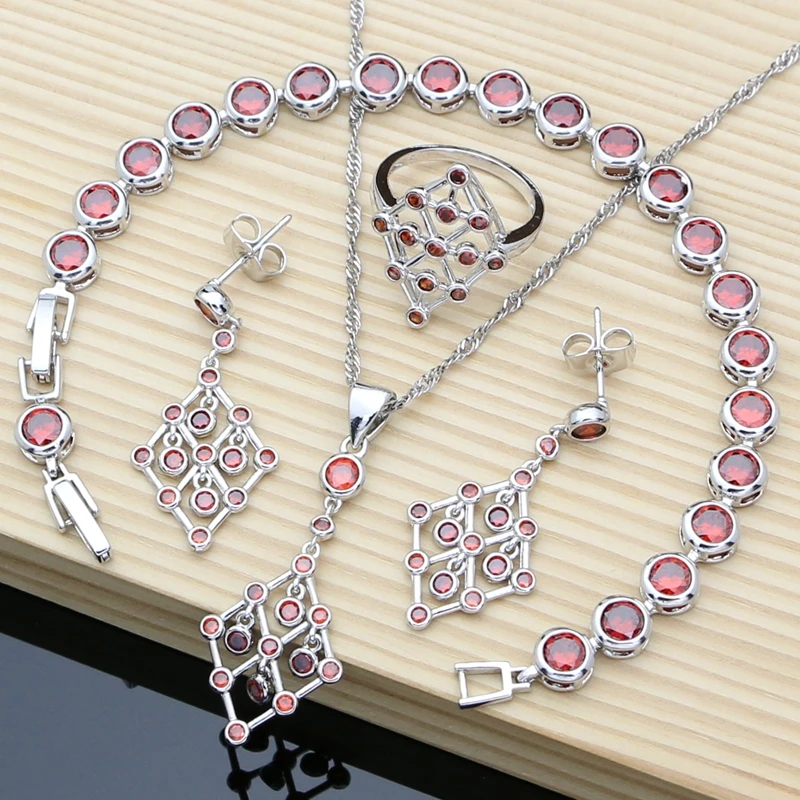 Rocking Beads Needle Earrings 925 Silver Jewelry Sets Red Garnet Charm Bracelet Fine Jewellry Women Necklace Set Dropshipping