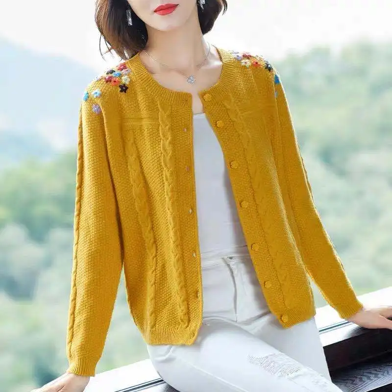 PEONFLY 2022 Women Cardigan Sweater V Neck Solid Floral Pattern Loose Knitwear Single Breasted Casual Knit Cardigan Jacket Coat