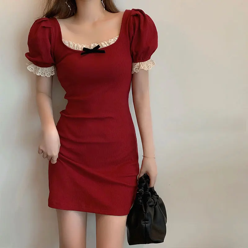 

Holiday Sexy Slim Knit Cotton Summer Dress 2021 Women Vintage Slim Lace Ruffle Mini Dress Night Club T-shirt Top Dress Vestidos