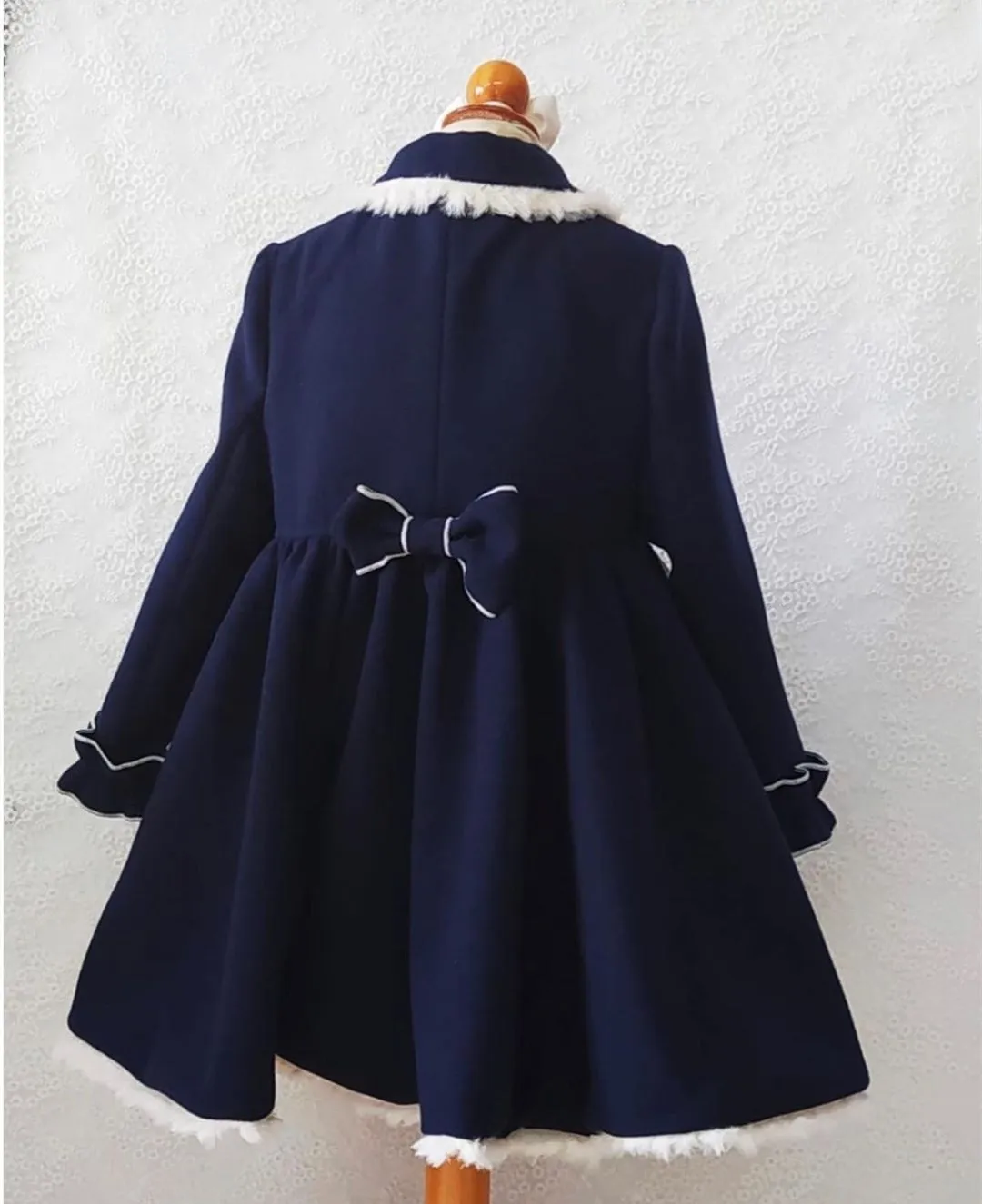 1-12Y Baby Girl Autumn Winter Handmand Customized Palace England Spanish Navy Blue Princess Wool Coat for Casual