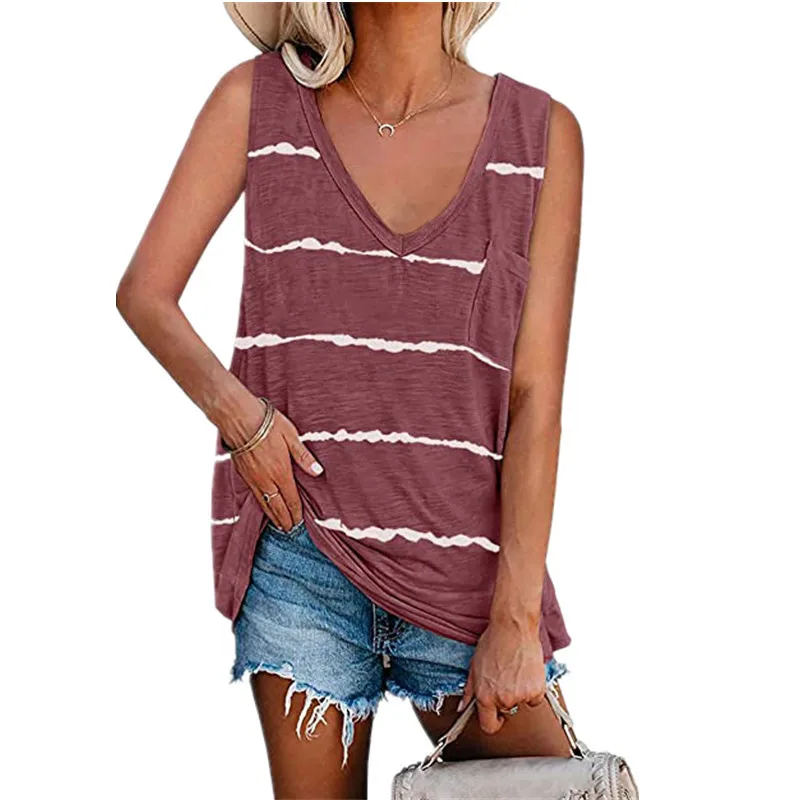 Sexy Women Summer Casual Beach Befree Boho Printed Big Large Sleeveless Strip Pocket Tank Tops Female Ladies Shirt