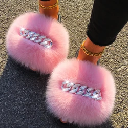 Real Fox Fur Slides Women Fluffy Slippers Ladies Summer Diamond Chain Flip Flops Beach Shoes Indoor Furry Slippers With Fur 2021