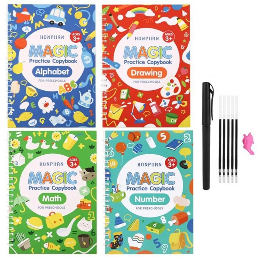 4 Books+Pen Set Magic Practice Book Free Wiping Children's Toy Writing Sticker English Copybook For Calligraphy Montessori Toys