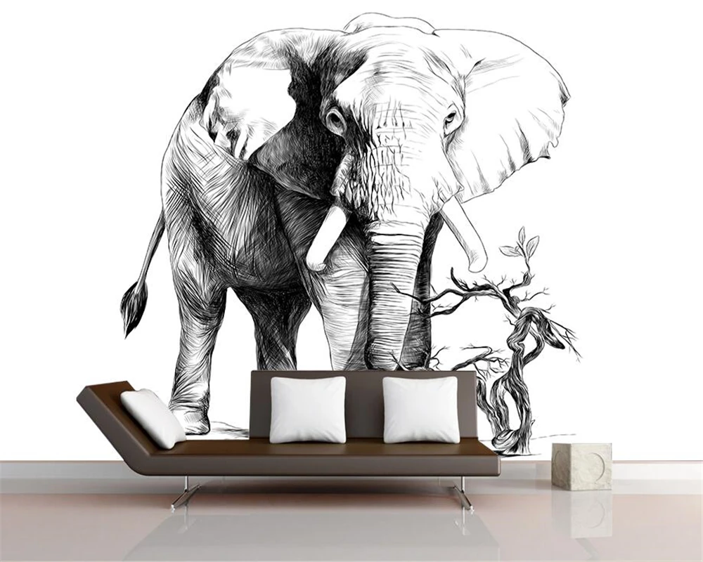Custom wallpaper cartoon black and white sketch elephant TV background wall painting home decoration living room 3d wallpaper