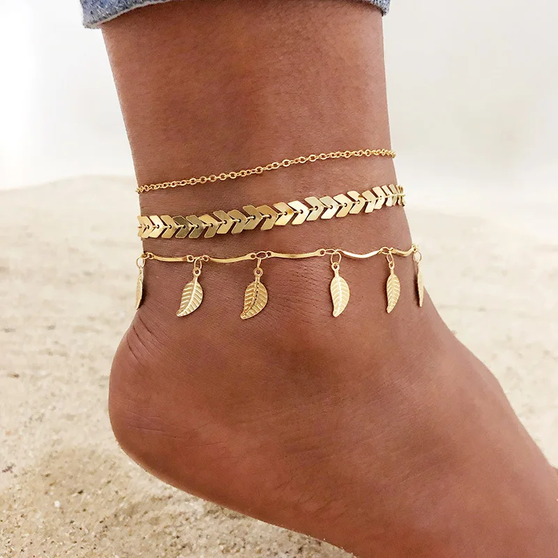 Vnox 1/2/3pcs/set Gold Color Simple Chain Anklets For Women, Leg Chains Ankle Beach Foot Jewelry, Holidays Bracelet on Leg