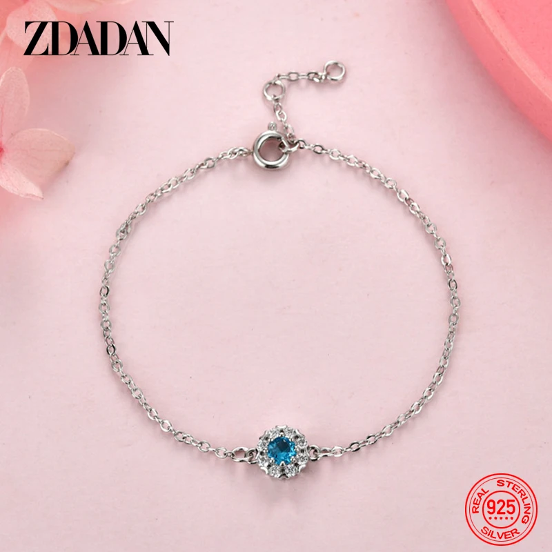 

ZDADAN 925 Sterling Silver Blue Crystal Bracelet Chain For Women Wedding Fashion Jewelry Gift