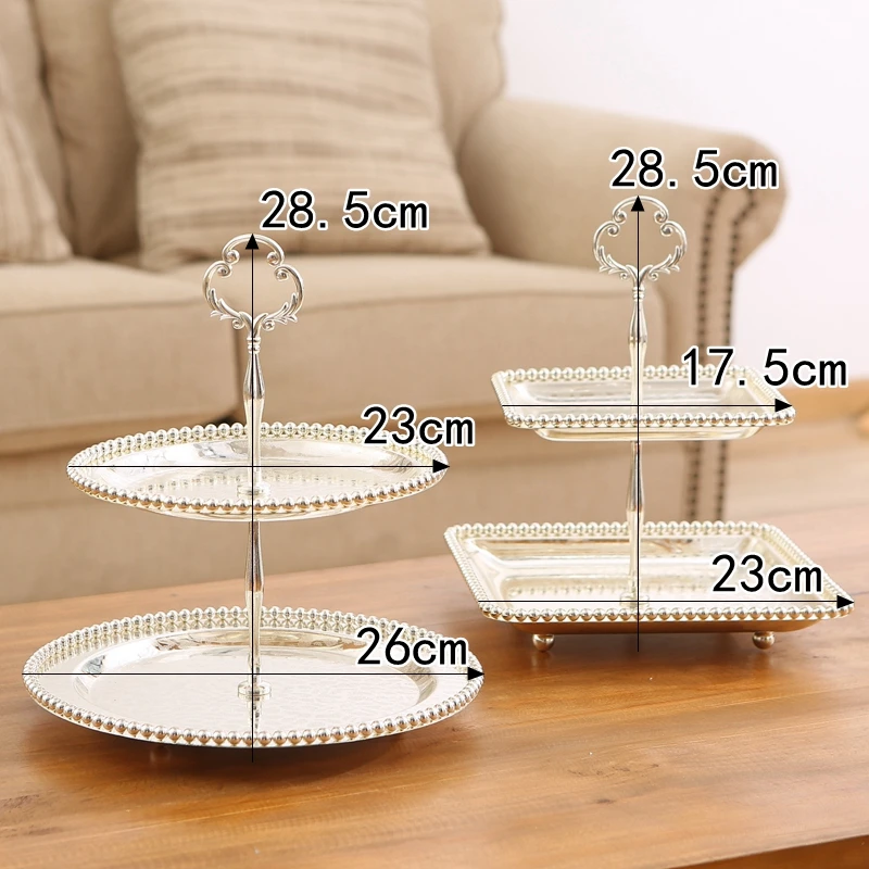 Gold Plating Round Alloy Two-tier Cake Fruit Tray European Home Wedding DIY Party Tabletop Decor Silver Square Metal Candy Dish 6