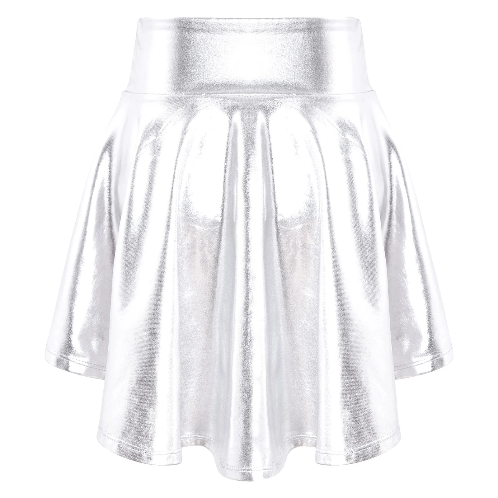 Kids Girls Shiny Metallic Figure Skating Skirt Solid Color Ruffle Irregular Hem Ballet Dance Skirt Stage Performance Costumes