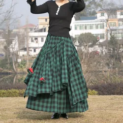 TIYIHAILEY Long Maxi Skirts Elastic Waist Women Winter Thick Plaid Chinese Style Cotton Irregular Skirt Green A-line 2024 New